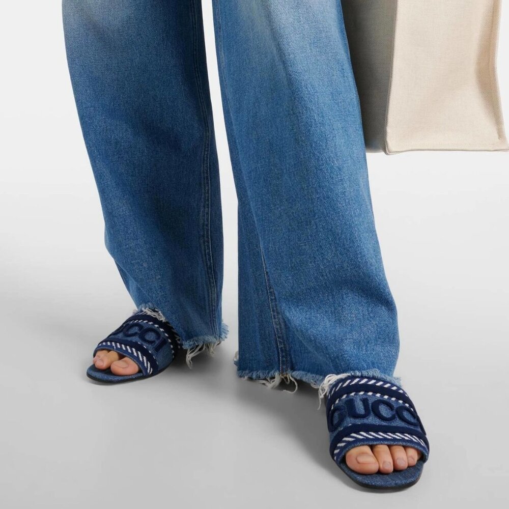 Gucci Jane Denim Logo Embroidered Flat Slide Sandals Shoes Blue - Picture 5 of 16
